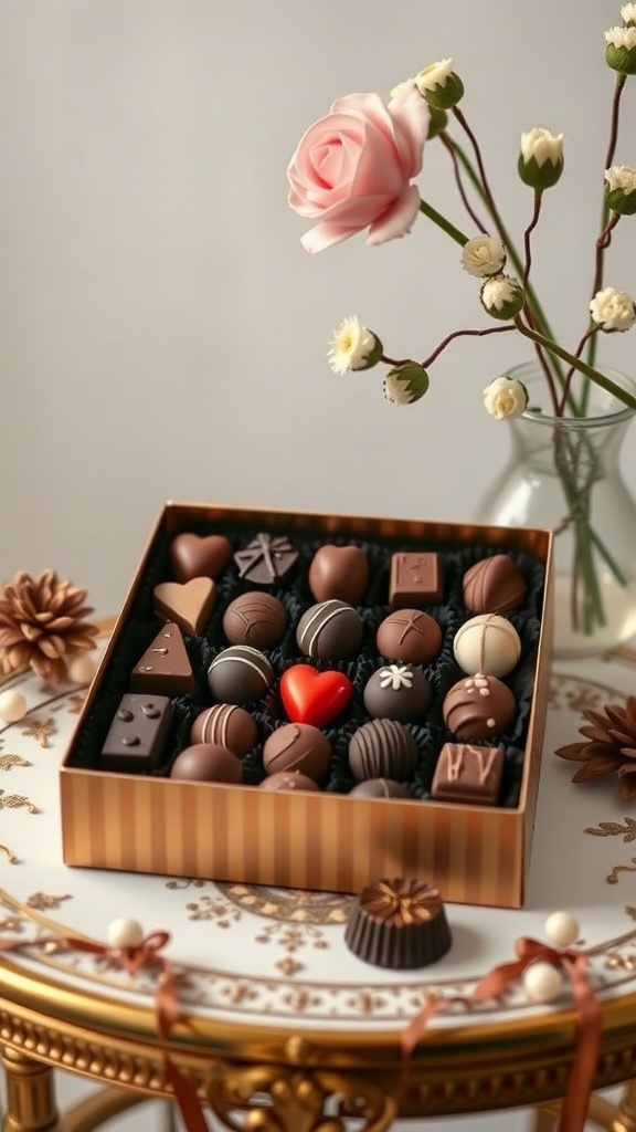 A beautifully arranged box of gourmet chocolates with a rose and flowers in the background.