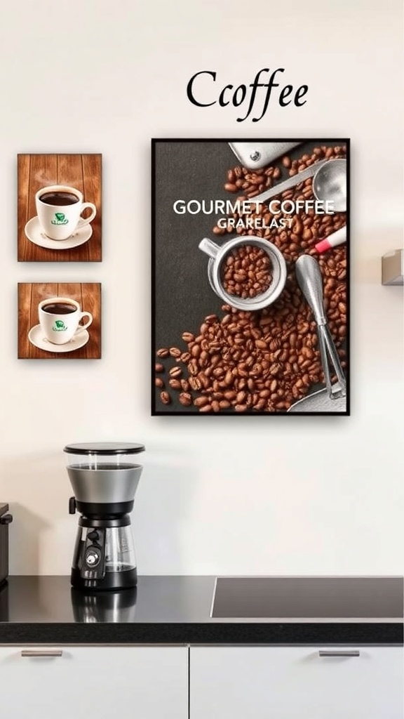 Kitchen wall art featuring coffee beans and the phrase 'Coffee Coffee Coffee'