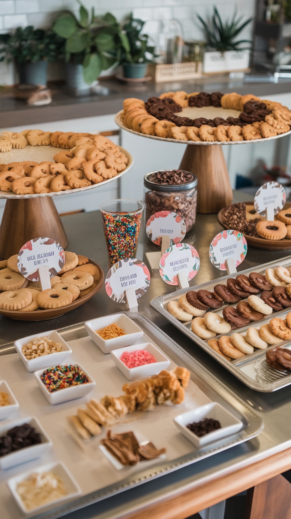 A gourmet cookie station with various types of cookies and toppings for customization.