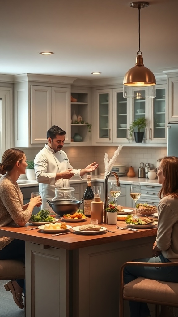 A chef teaching a cooking class in a modern kitchen with guests enjoying the experience.