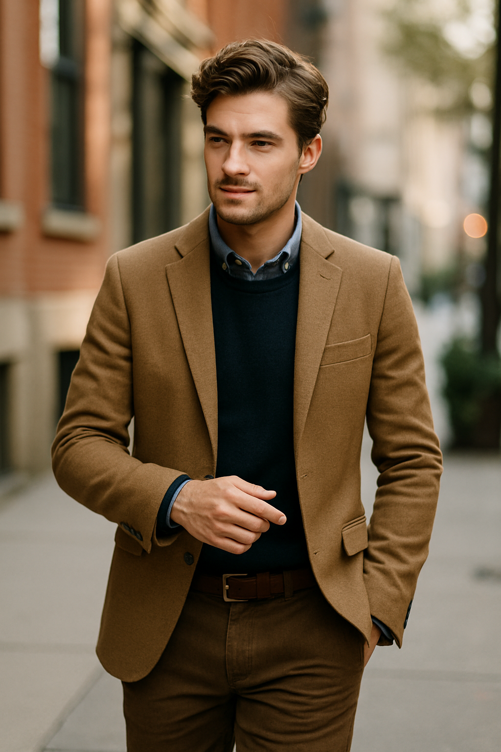 A stylish man walking on the street in a brown blazer and navy sweater.