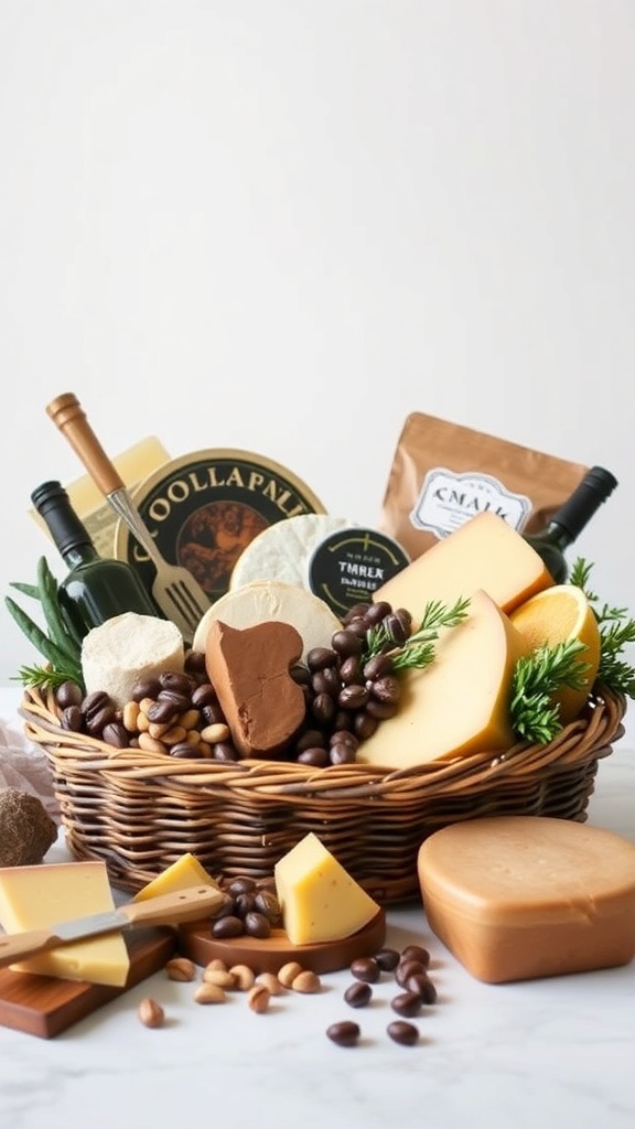 A beautifully arranged gourmet food basket filled with cheeses, chocolates, coffee beans, and more.