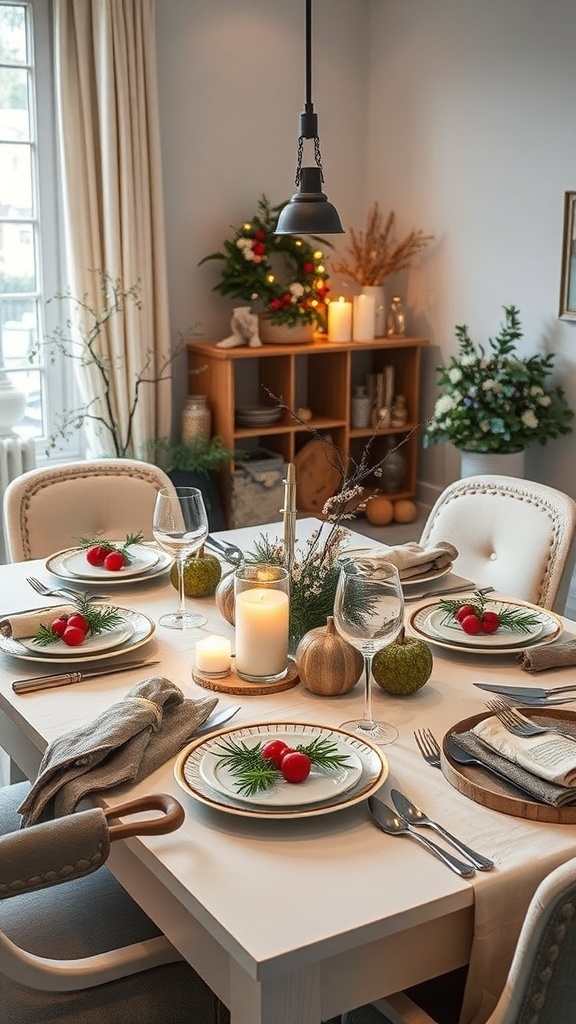 A cozy winter dining table set with elegant plates, glasses, and decorative elements.