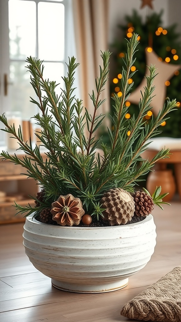 A decorative planter filled with herbs and spices, featuring pine cones and natural accents.