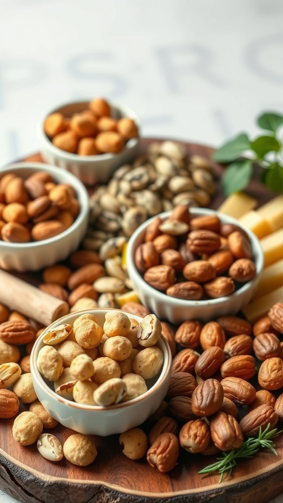 A beautiful display of gourmet nuts and seeds on a charcuterie board for a bridal shower.