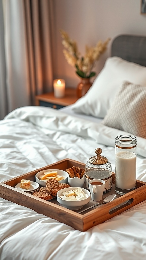 A wooden tray with gourmet snacks including cookies, cheese, and drinks, set on a bed for a romantic date night.