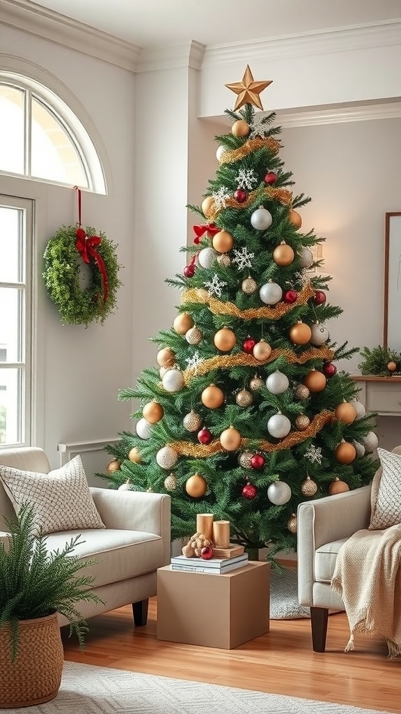 A beautifully decorated Christmas tree with gold and silver ornaments, a star on top, and a cozy living room setting.