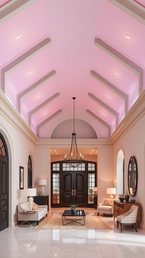 A beautifully designed entryway featuring a vaulted ceiling painted in soft pink gradient shades.