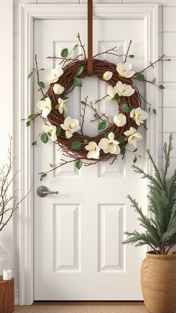 A grapevine wreath adorned with magnolia leaves and white flowers, hanging on a white door.