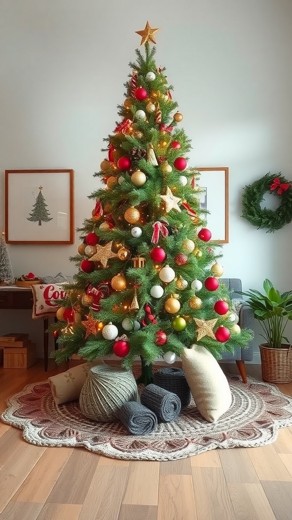 A decorated Christmas tree with a grapevine tree skirt, surrounded by pillows and yarn.