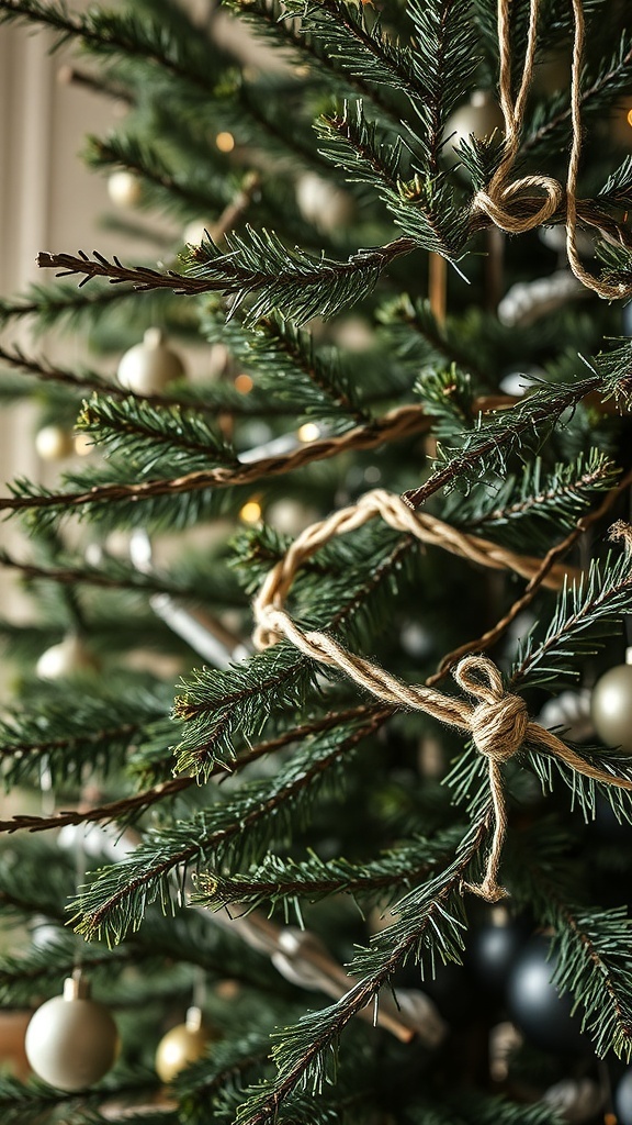 A close-up of a Christmas tree with grapevine twine wrapped around its branches, showcasing a rustic decoration style.