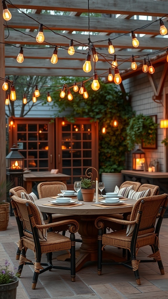 A cozy outdoor dining area with grapevine wrapped lights hanging above a wooden table surrounded by chairs.