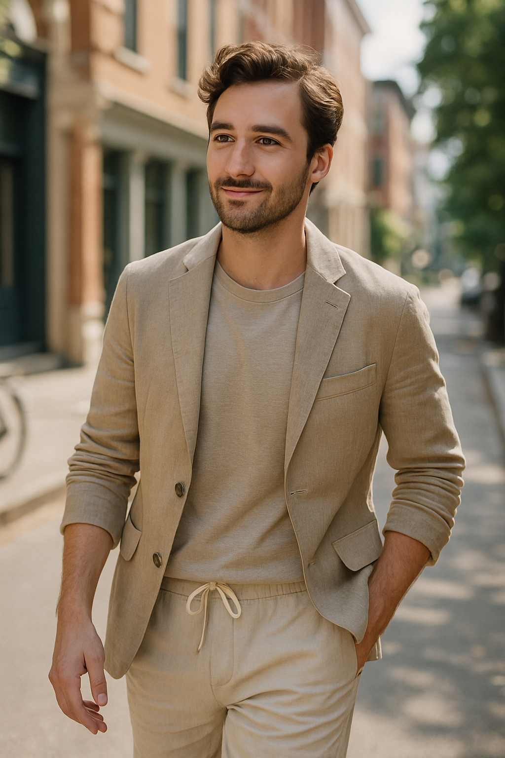A man wearing a light beige blazer over a simple tee and matching pants, walking on a sunny street.