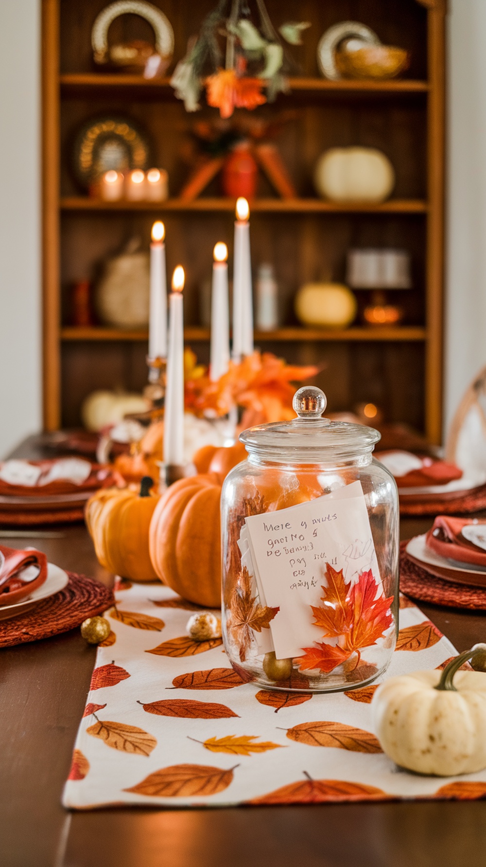A Gratitude Jar centerpiece filled with notes of thanks, surrounded by pumpkins and candles on a festive table.