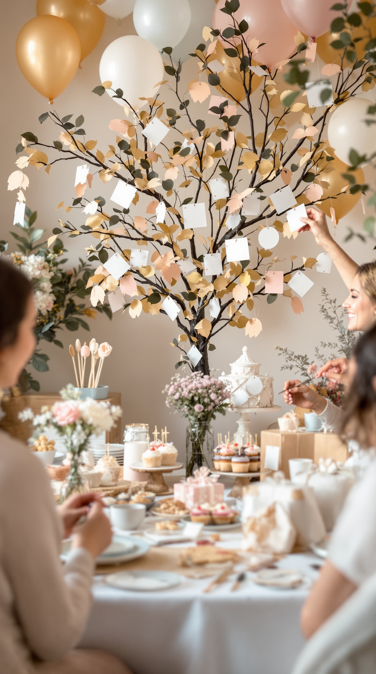 A beautifully decorated Gratitude Tree with colorful leaves and tags, surrounded by guests enjoying a baby shower.