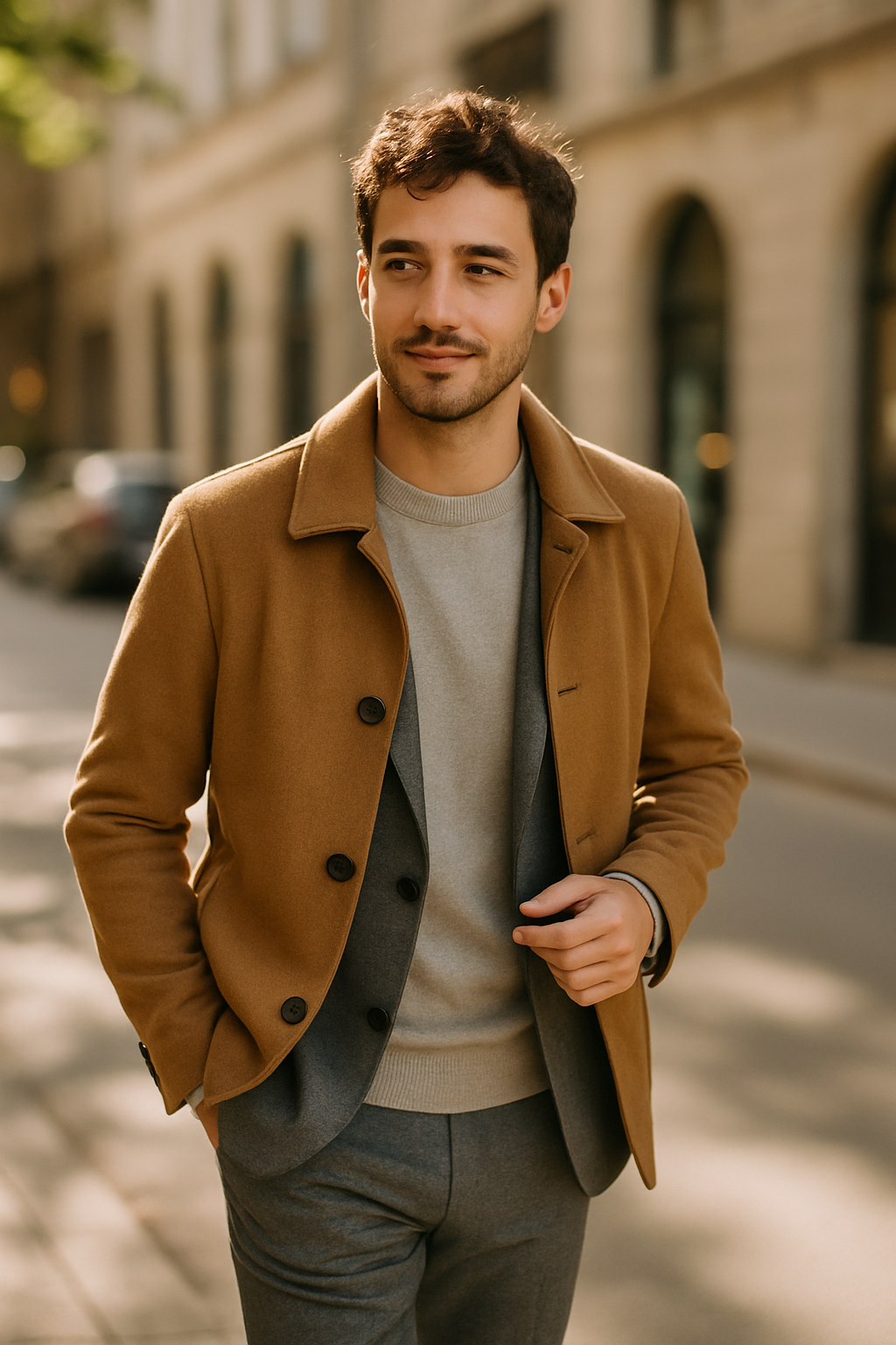 A man wearing a gray suit with a sweater and a brown jacket, walking on a city street.