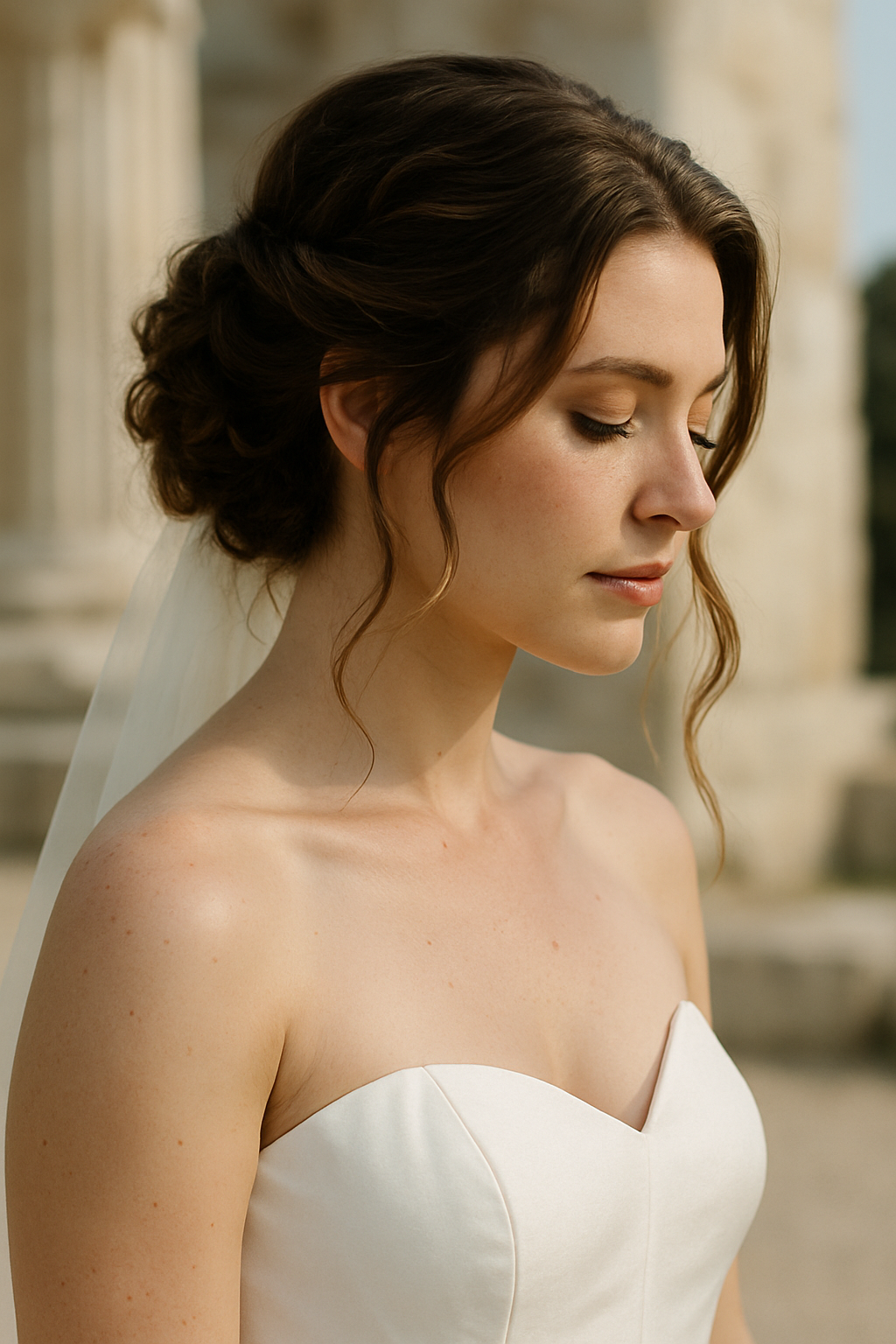 Bride with loose curls and a veil, wearing a strapless wedding dress