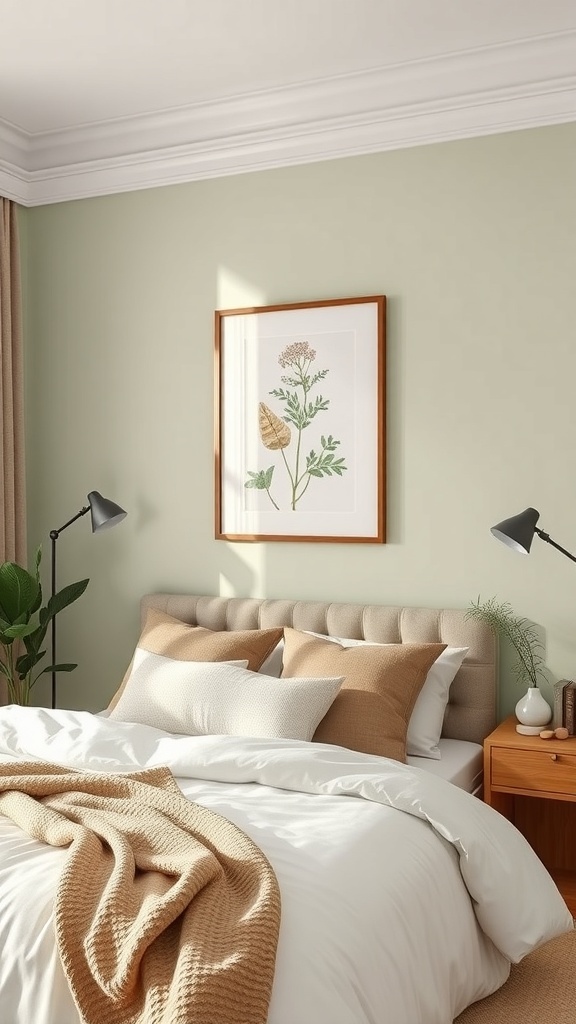 A light green bedroom featuring botanical artwork above a bed with neutral bedding and wooden furniture.