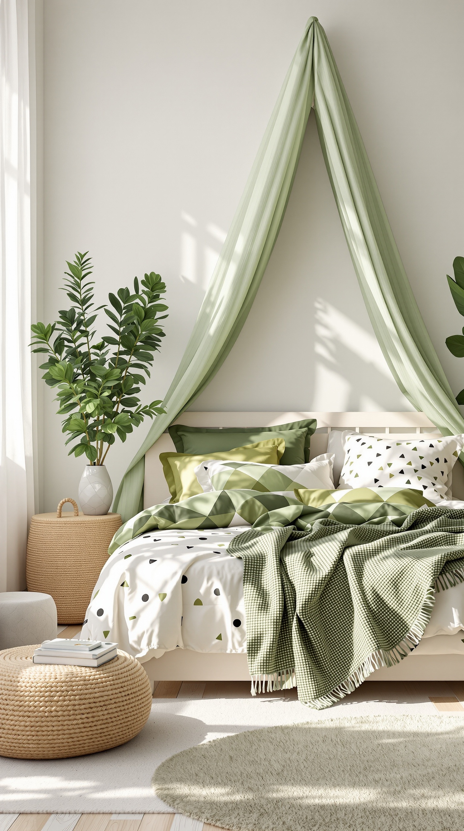 A cozy kid's room with green-themed bedding, featuring various shades of green and playful patterns.