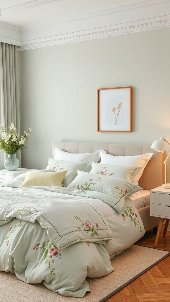 A light green bedroom featuring floral patterned bedding and soft pillows.