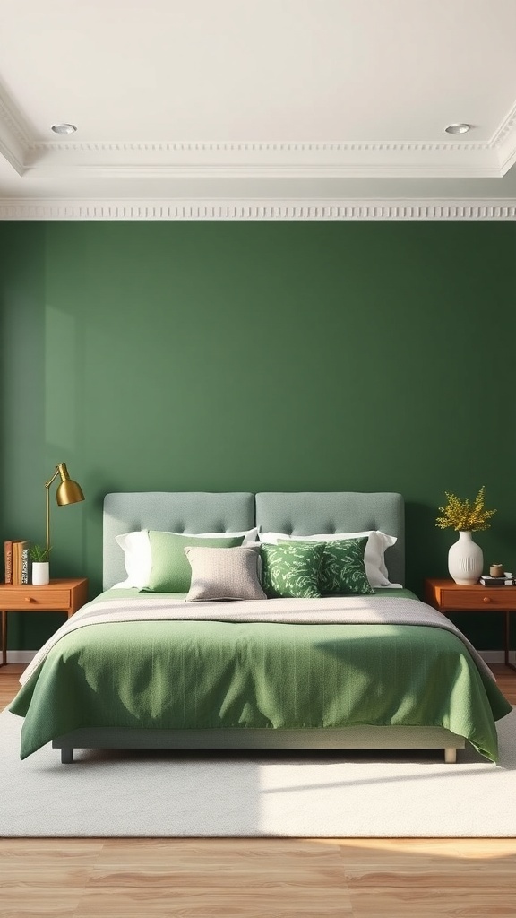 A bedroom featuring a green accent wall behind a bed with green and neutral bedding.