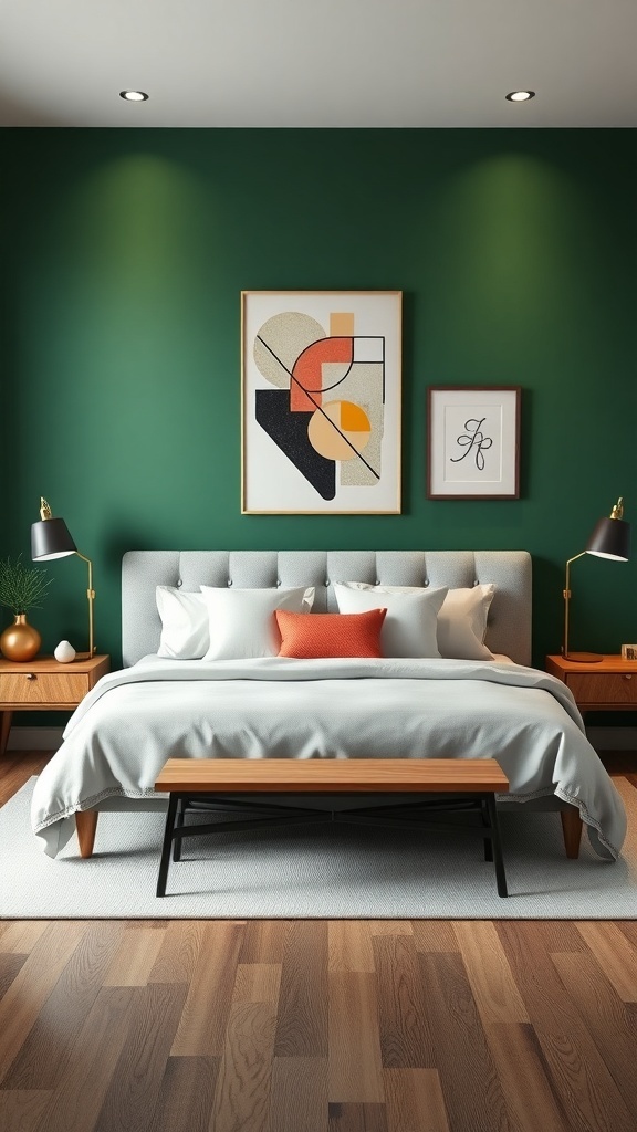 A stylish bedroom featuring a green accent wall with modern art, neutral bedding, and wooden furniture.
