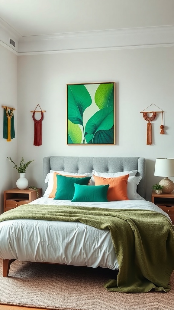 A green bedroom featuring a large green leaf artwork and colorful wall hangings.