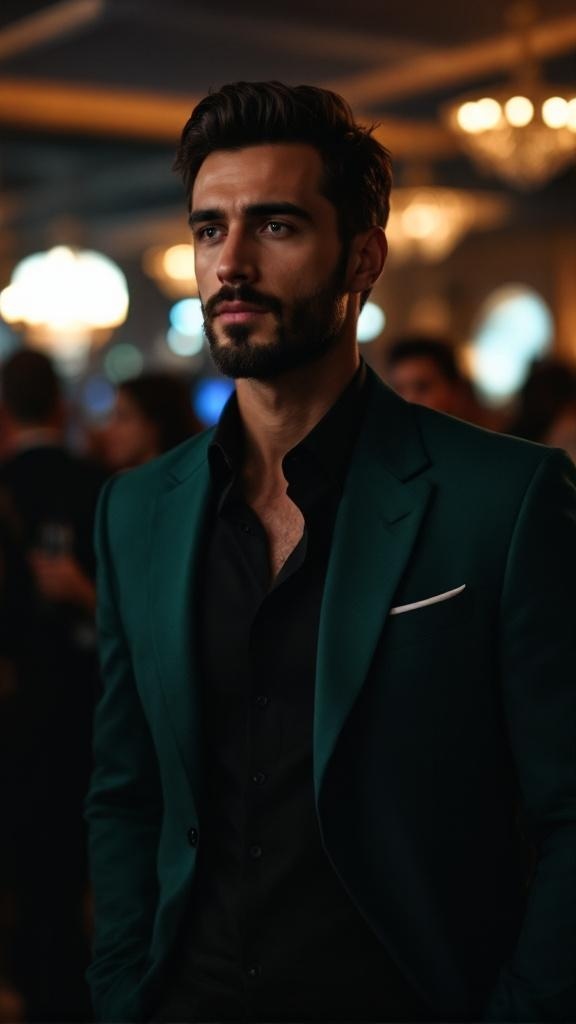 A man in a green blazer and black shirt, looking stylish at an evening event.