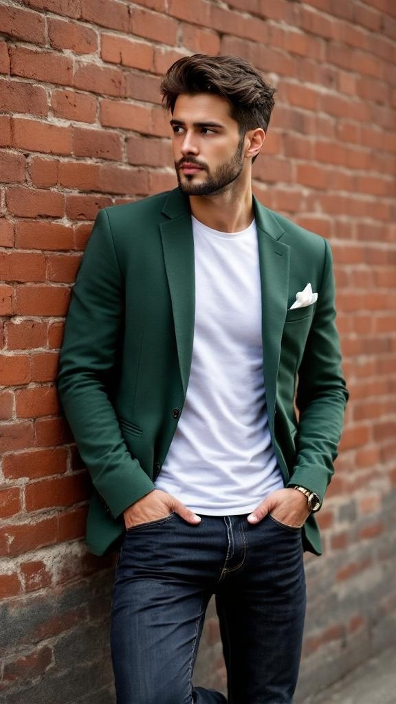 A man wearing a green blazer with a white t-shirt and dark denim jeans, leaning against a brick wall.