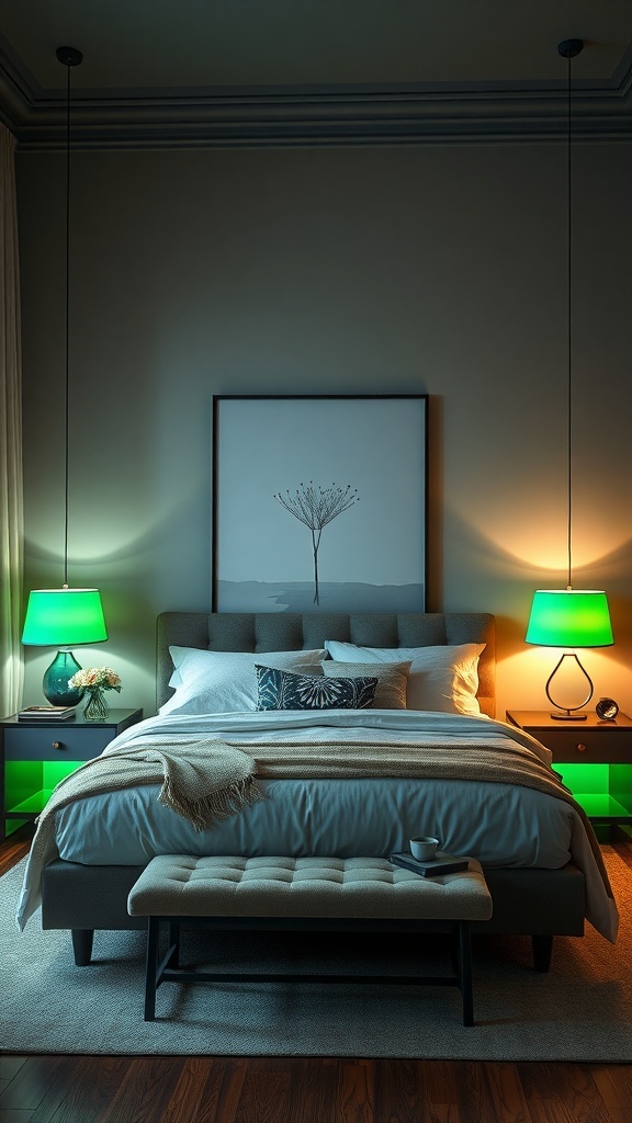 A stylish bedroom featuring green lighting fixtures and lamps, with neutral bedding and decor.