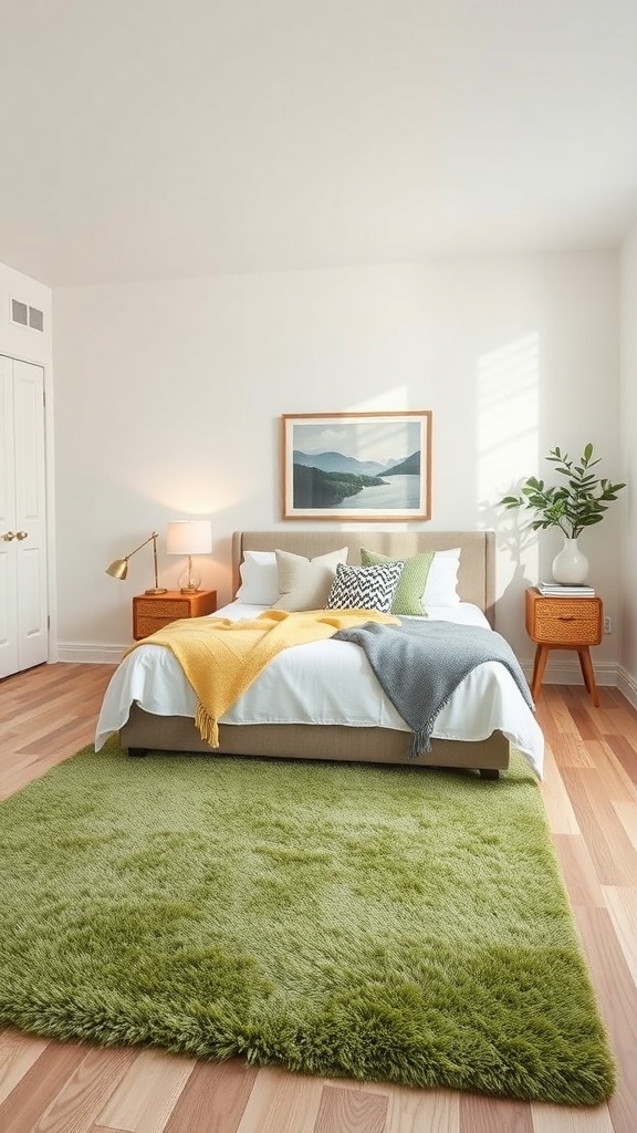 A cozy bedroom featuring a green rug, a bed with colorful throws, and natural light.