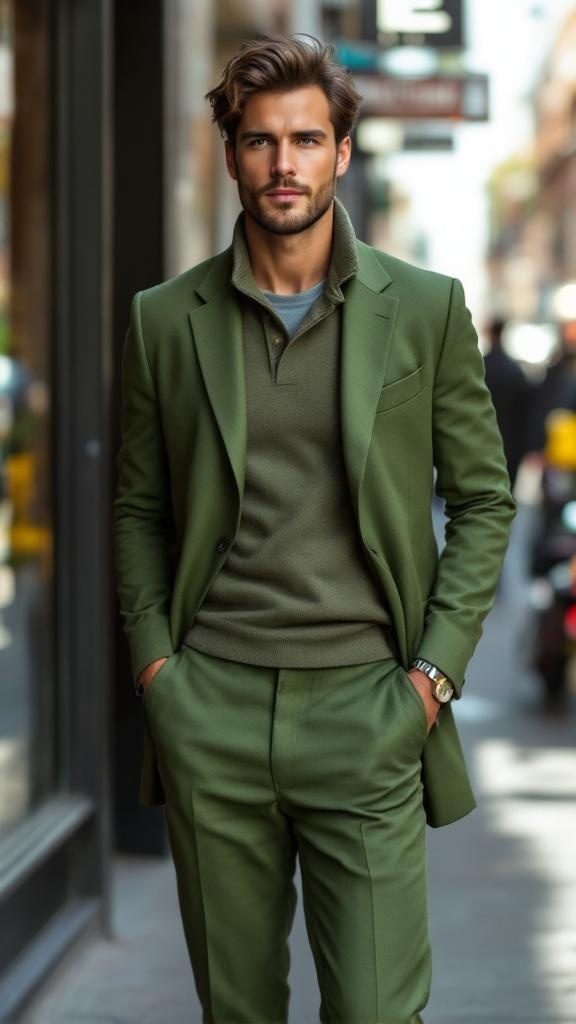 A man wearing a stylish green suit, standing confidently on a city street.