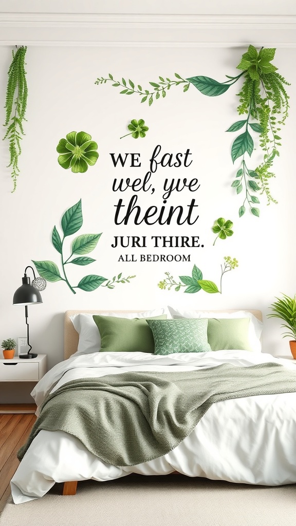 A bedroom featuring green wall art with a quote, surrounded by leafy designs.