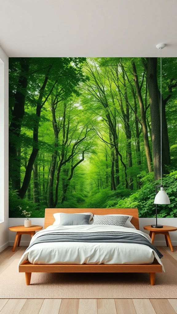 A bedroom featuring a green wall mural of a forest, with a wooden bed and simple decor.