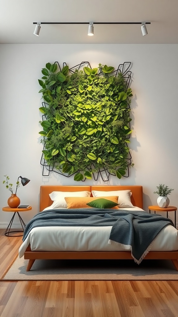 A modern green wall sculpture featuring lush plants in a stylish design, enhancing the decor of a cozy bedroom.