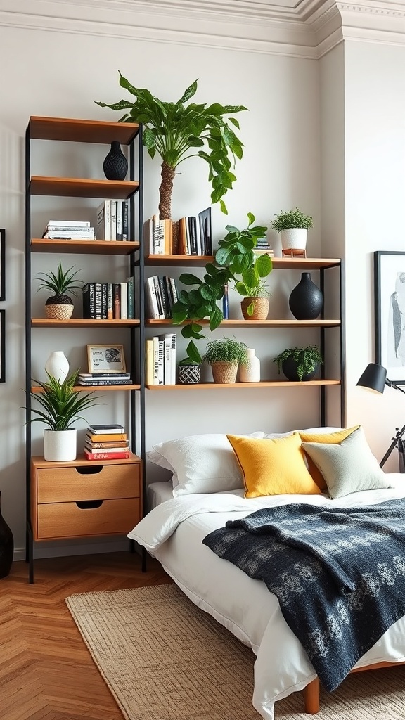 A stylish green wall shelving unit with plants and books next to a cozy bed.