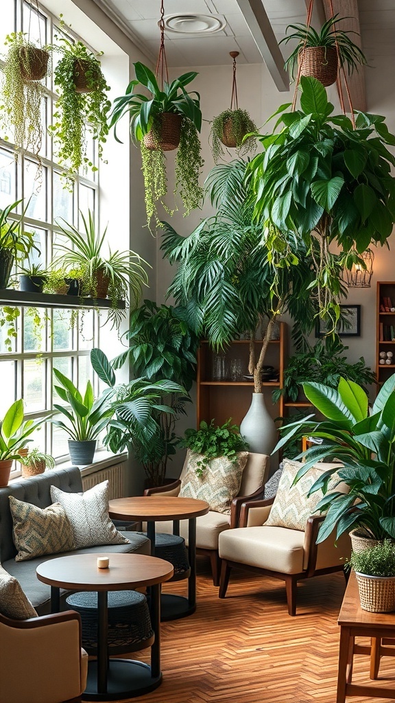 A cozy cafe filled with various indoor plants, featuring hanging planters and comfortable seating.