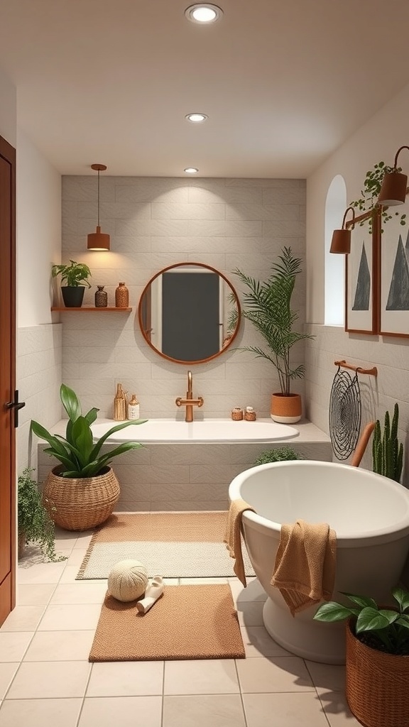 A stylish basement bathroom featuring plants, warm wood accents, and a cozy atmosphere.