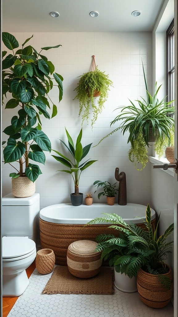 A stylish bathroom with various plants, including hanging ferns and large leafy plants, creating a fresh and inviting atmosphere.