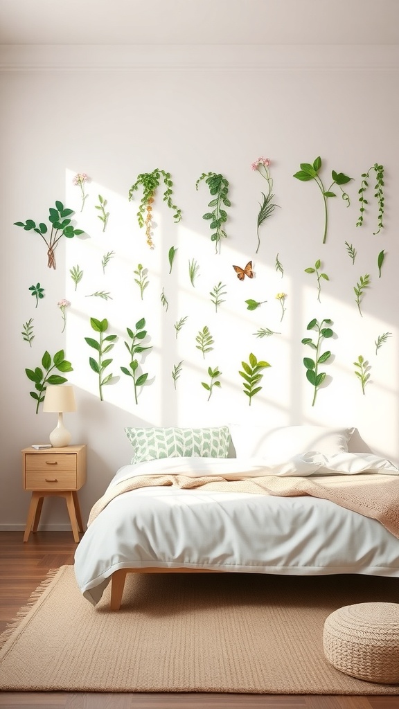 A bedroom with greenery wall decals featuring various plants and flowers on a white wall, with sunlight streaming in.