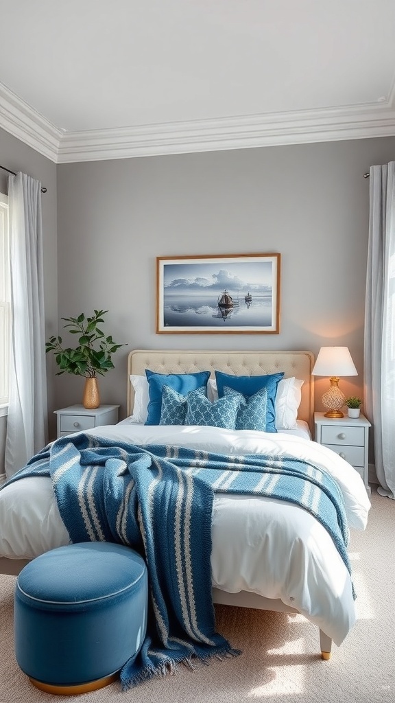 A serene grey and blue bedroom featuring a cozy bed with blue accents, a decorative painting, and natural light.