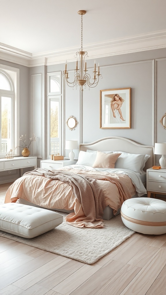 A beautifully designed bedroom featuring grey walls and blush pink accents, with a cozy bed and elegant decor.