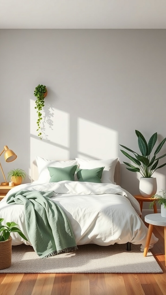 A serene grey bedroom with green accents, featuring a cozy bed, plants, and warm wooden flooring.