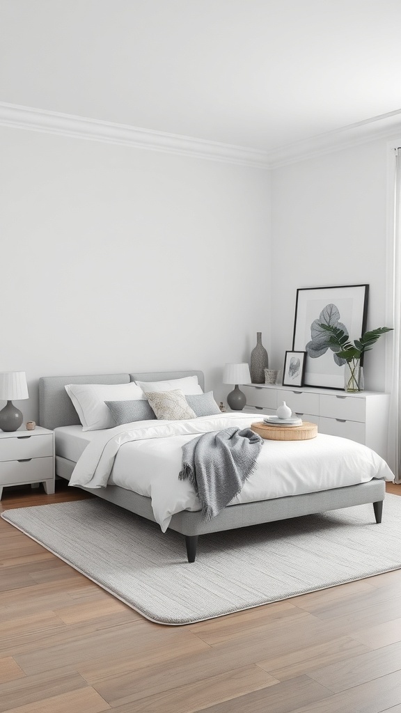 A minimalistic grey and white bedroom featuring a grey bed, white bedding, and simple decor.