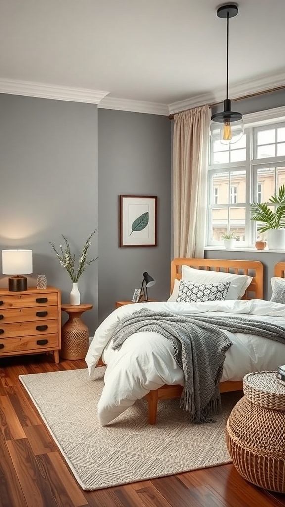 A cozy bedroom featuring grey walls, wooden furniture, and soft textiles.