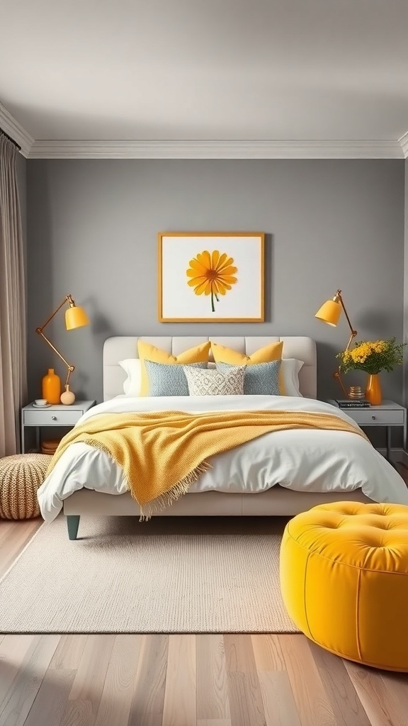 A grey bedroom with yellow accents, featuring a cozy bed, bright lamps, and a cheerful flower print.