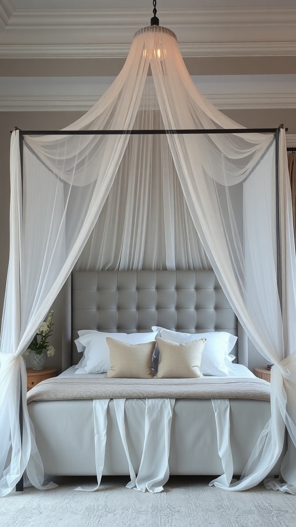 A stylish bedroom featuring a grey tufted headboard and a canopy bed draped with sheer fabric.
