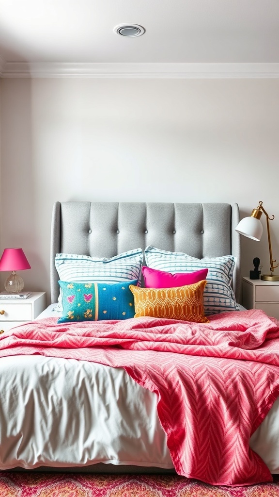 A cozy bedroom featuring a grey tufted headboard with colorful bedding and pillows.