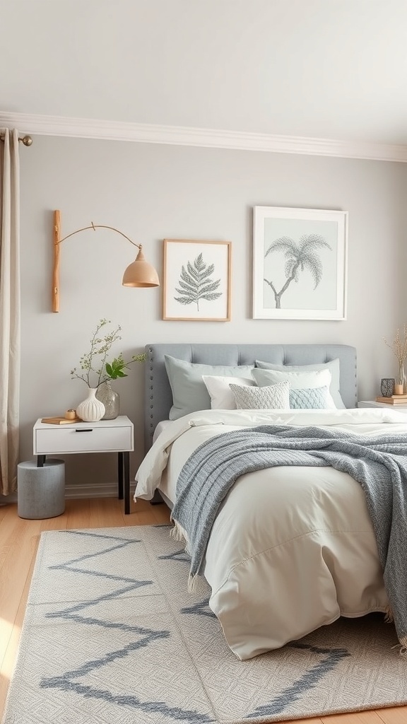 A calming grey bedroom featuring a cozy bed with layered bedding, botanical wall art, and soft lighting.