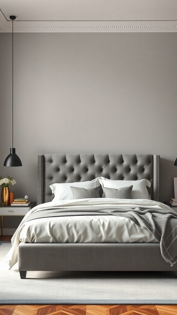 A stylish bedroom featuring a grey tufted headboard, soft bedding, and pendant lights.